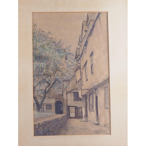 479 - W Russell, 1939: a watercolour view of an old yard, in gilt frame, Radley, 1969: pastels, still life... 