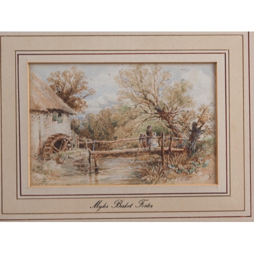 496 - Circle of Birkett Foster: watercolours, three figures on a bridge, 5 1/2