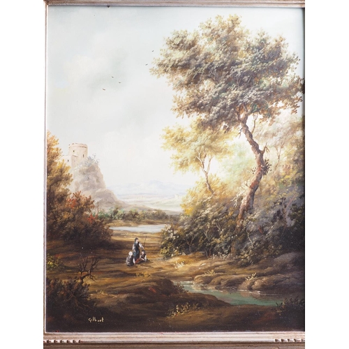 514 - Gilbert: a pair of modern oil on copper romantic landscapes, in gilt decorated frames