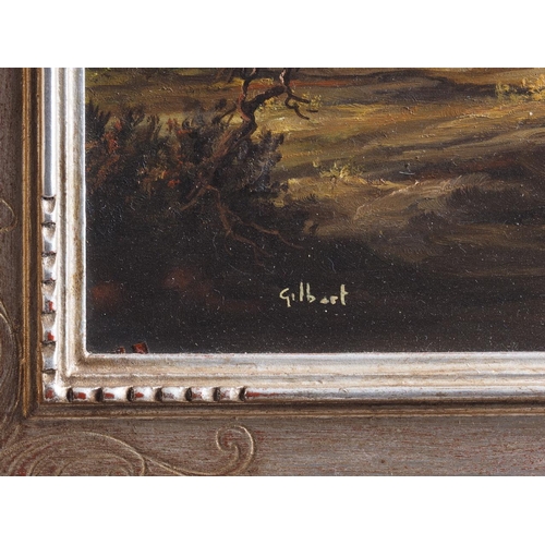 514 - Gilbert: a pair of modern oil on copper romantic landscapes, in gilt decorated frames