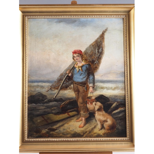 530 - J Barnes?, '70: a pair of 19th century oils on canvas, fisher boy and girl with dogs, each 20 1/2