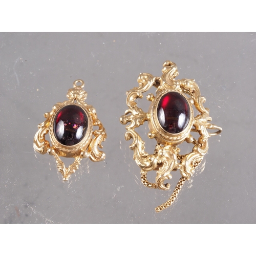 435 - A mid Victorian design 9ct gold brooch and pendant, set garnet cabochons