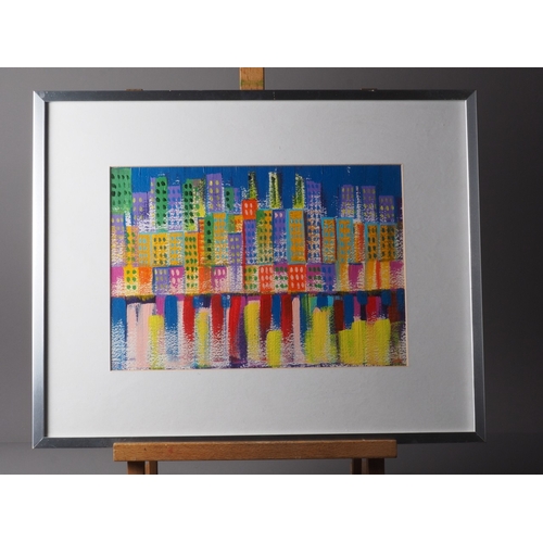 425 - A mixed media landscape, city scene, 8 3/4