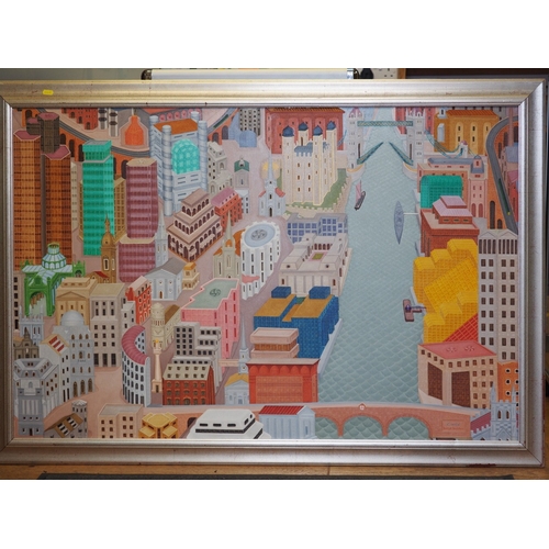 471 - John Devolle?: acrylic on board, view of London and Tower Bridge etc 47 1/2