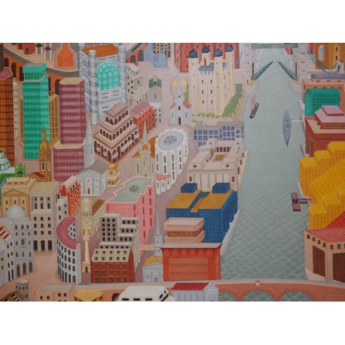 471 - John Devolle?: acrylic on board, view of London and Tower Bridge etc 47 1/2