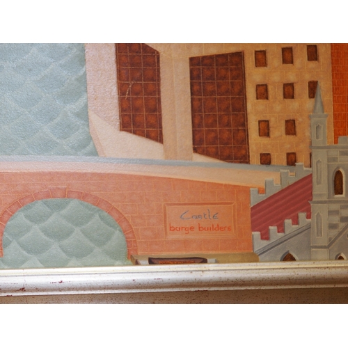 471 - John Devolle?: acrylic on board, view of London and Tower Bridge etc 47 1/2