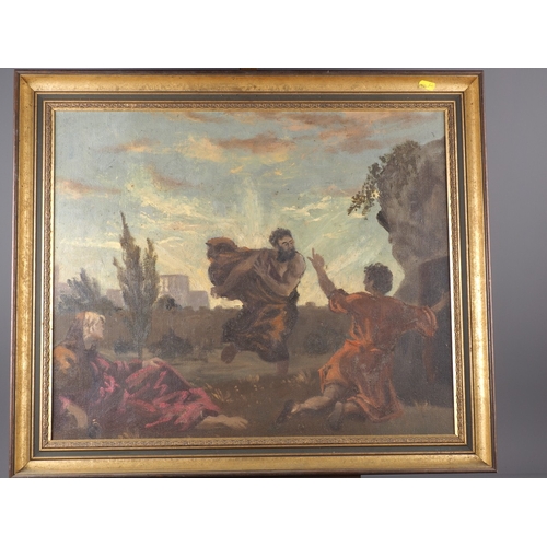 477 - A contemporary oil on canvas depicting a classical scene, 19&rdquo; x 23&rdquo;, in gilt frame