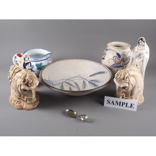63 - A Biorks pottery jug, another similar, two Staffordshire pottery figures, a studio pottery bowl, a p... 