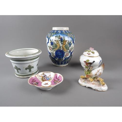 70 - A Herend vase and cover with insect, bird and relief flower decoration, a Continental shaped trinket... 