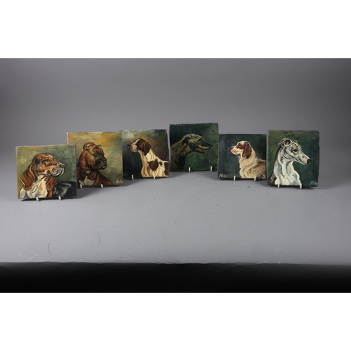 490 - A set of six 20th century oils on wooden panels, various dog breeds including a spaniel, a boxer and... 