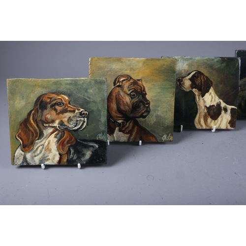 490 - A set of six 20th century oils on wooden panels, various dog breeds including a spaniel, a boxer and... 