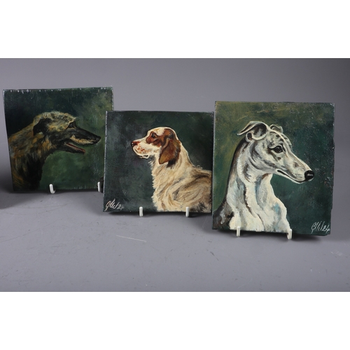 490 - A set of six 20th century oils on wooden panels, various dog breeds including a spaniel, a boxer and... 