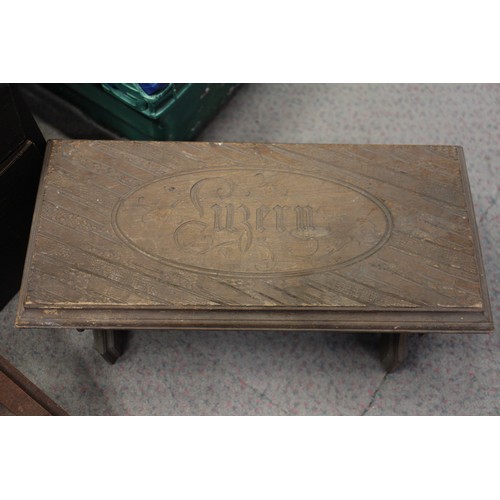 147 - Two Gothic style bible stands, a number of lacquered boxes etc, and an embroidered velvet table runn... 