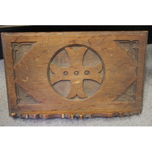 147 - Two Gothic style bible stands, a number of lacquered boxes etc, and an embroidered velvet table runn... 