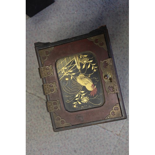 147 - Two Gothic style bible stands, a number of lacquered boxes etc, and an embroidered velvet table runn... 