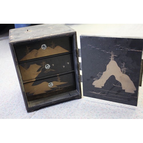 147 - Two Gothic style bible stands, a number of lacquered boxes etc, and an embroidered velvet table runn... 