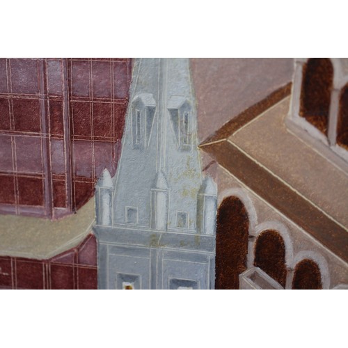 471 - John Devolle?: acrylic on board, view of London and Tower Bridge etc 47 1/2