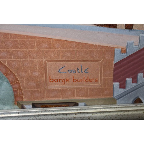 471 - John Devolle?: acrylic on board, view of London and Tower Bridge etc 47 1/2