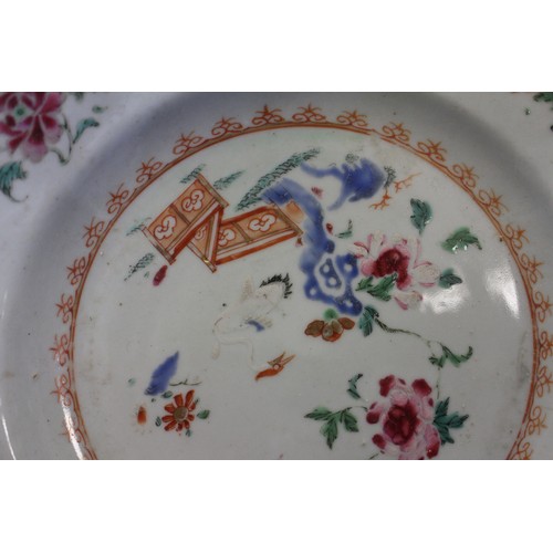 94 - A Chinese Famille Rose dish with central interior scene, figures and precious object decoration surr... 