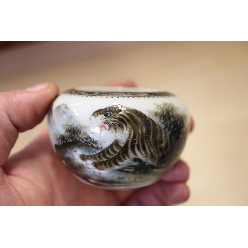 80 - A Chinese Republic brush washer with tiger amongst landscape decoration, 1 3/4