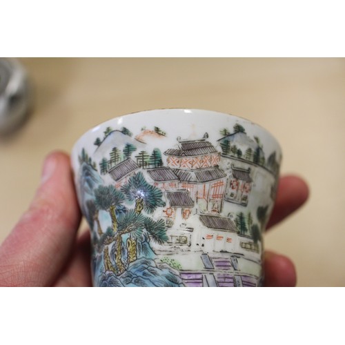 80 - A Chinese Republic brush washer with tiger amongst landscape decoration, 1 3/4