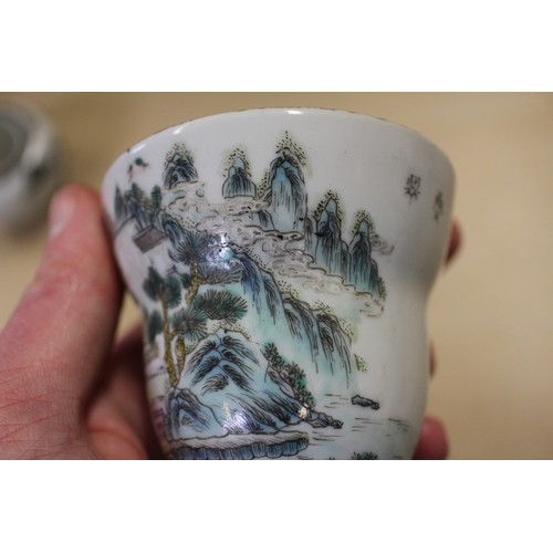 80 - A Chinese Republic brush washer with tiger amongst landscape decoration, 1 3/4