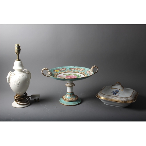 72 - A 19th century comport with peony and leaf decoration on a turquoise ground, 8 1/2” high, and a Cham... 