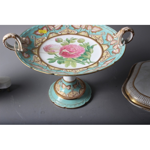 72 - A 19th century comport with peony and leaf decoration on a turquoise ground, 8 1/2” high, and a Cham... 