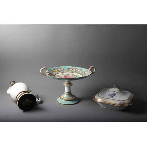72 - A 19th century comport with peony and leaf decoration on a turquoise ground, 8 1/2” high, and a Cham... 