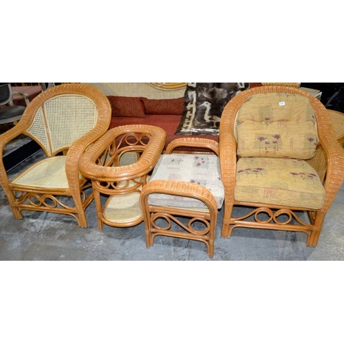 216 - Mid Rattan Armchair x 2 with Stool + Coffee Table