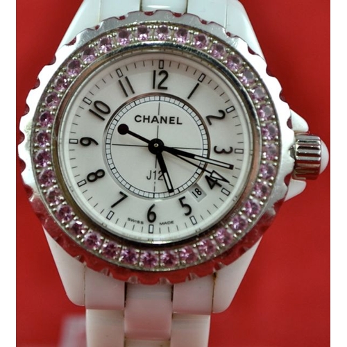 Chanel J12 White Ceramic Ladies Watch with Pink Sapphire Bezel