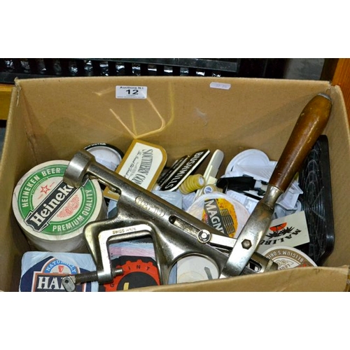 12 - Box of Beer Mats + Vintage Corkscrew