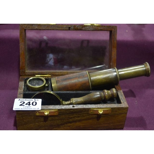 240 - Wooden Cased Telescope, Magnifying Glass, Compass Set