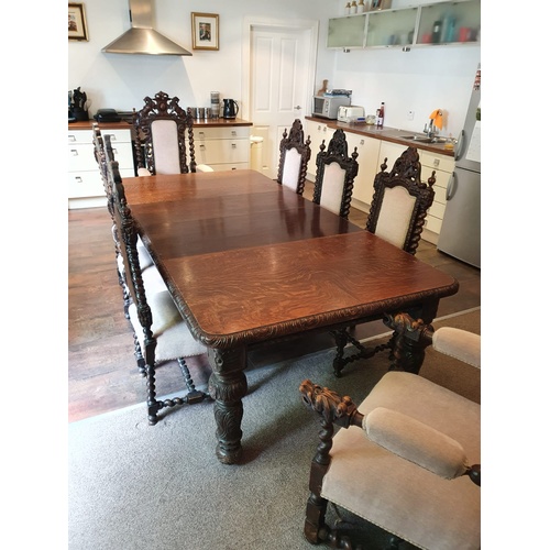 395B - Victorian Dark Oak Dining Table with 8 Chairs - Excellent Condition - Lion & Dragon Detail - Origina... 