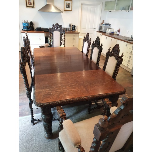 395B - Victorian Dark Oak Dining Table with 8 Chairs - Excellent Condition - Lion & Dragon Detail - Origina... 