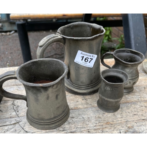 167 - 4x Antique Pewter Gill & Pint Measures