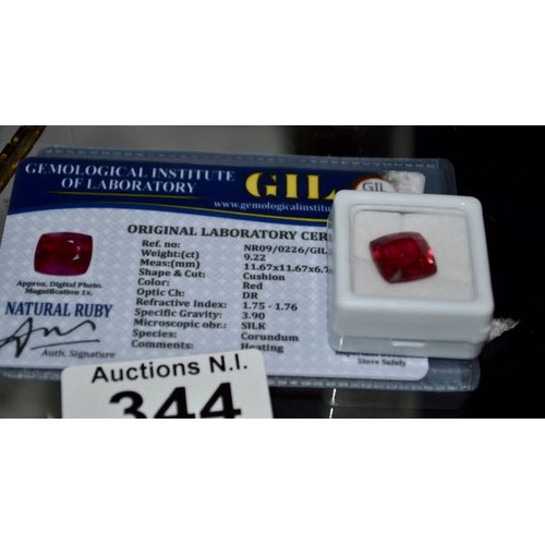 344 - Natural Ruby 9.22ct Cushion Cut Treated Stone