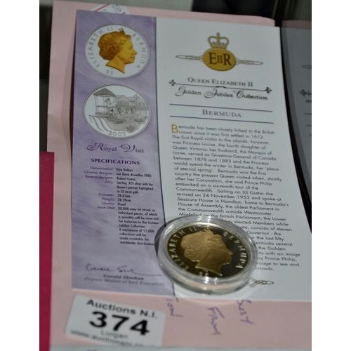 374 - Bermuda Silver Proof Five Dollars 22ct Gold Plated Bust - Royal Visit with cert - 2002