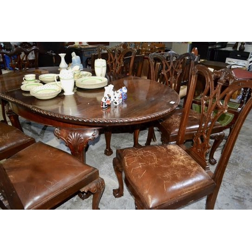 394 - Mahogany Extending Dining Table with Carved Edge on Ball & Claw Feet with 6 Brown Leather Dining Cha... 