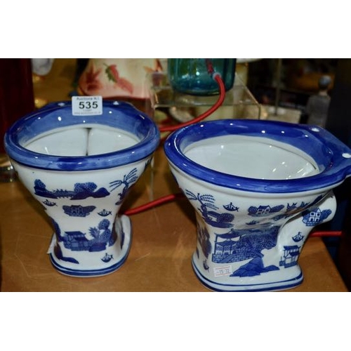 535 - Pair of Blue & White Ceramic Toilet Ornaments