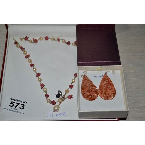 573 - Silver & Ornate Gem Necklace & Earrings