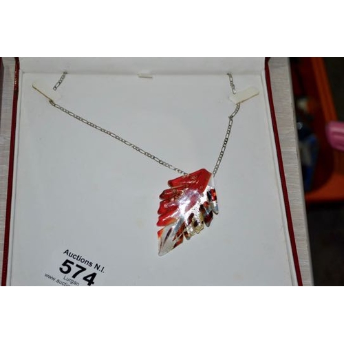 574 - Silver Necklace with Ornate Leaf Glass Pendant