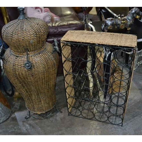 535 - Large Wicker & Metal Detailed Urn + Wine Rack