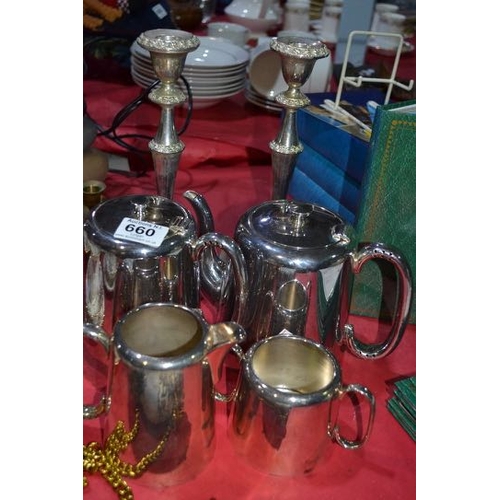 660 - Silver Plated Tea Service + Pair Of candlesticks