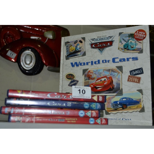 10 - Disney Cars World Of Cars Book + 4 x Disney Cars DVDs