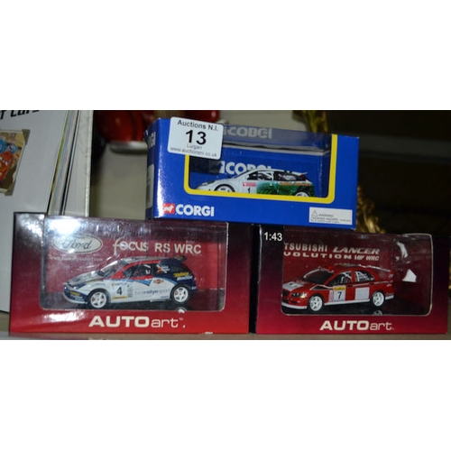 13 - Corgi Die Cast Ford Focus 1:43 + Autoart Die Cast Mitsubishi Lancer 1:43 + Autoart Die Cast Ford RS ... 