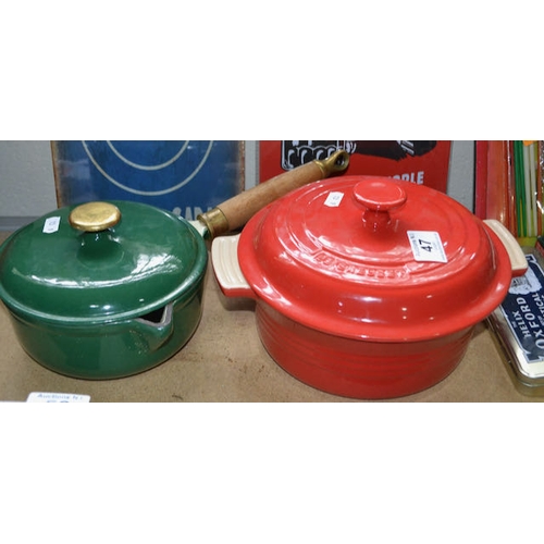 47 - Le Creuset Red Lidded Casserole Dish + Enamelled Saucepan