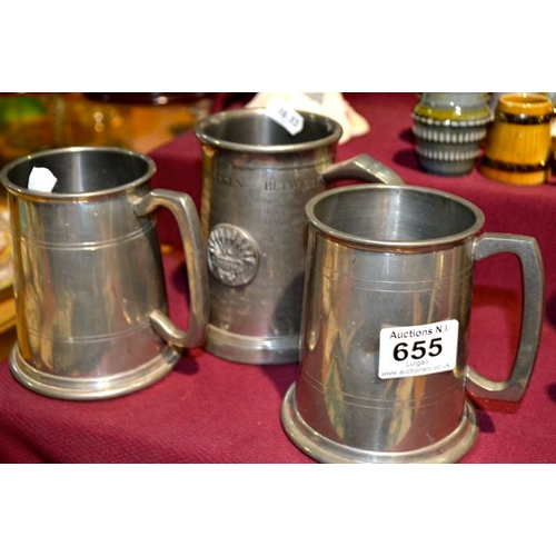 655 - 3 x English Pewter Tankards Incl Heineken