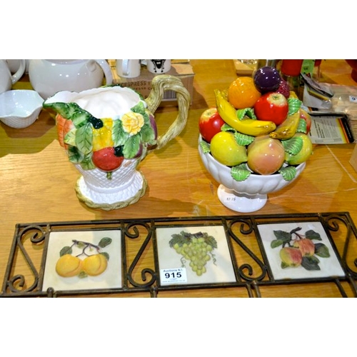 915 - Floral Handpainted Jug, Fruit Bowl + Metal Fruit Coat Rack