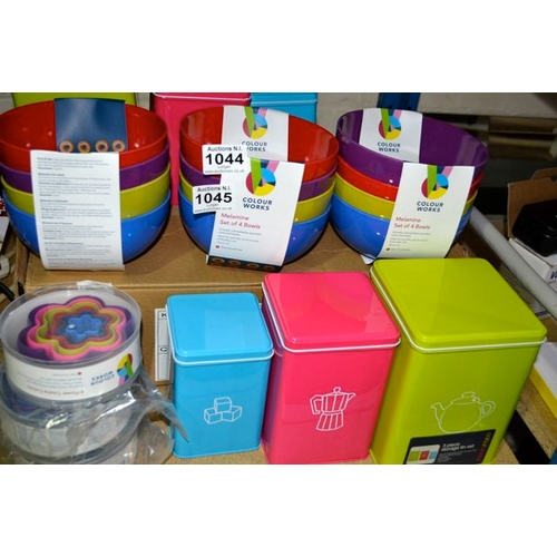 1045 - 3 x Coloured Bowl Sets, 3 x Cutter Sets + 3 x Canisters